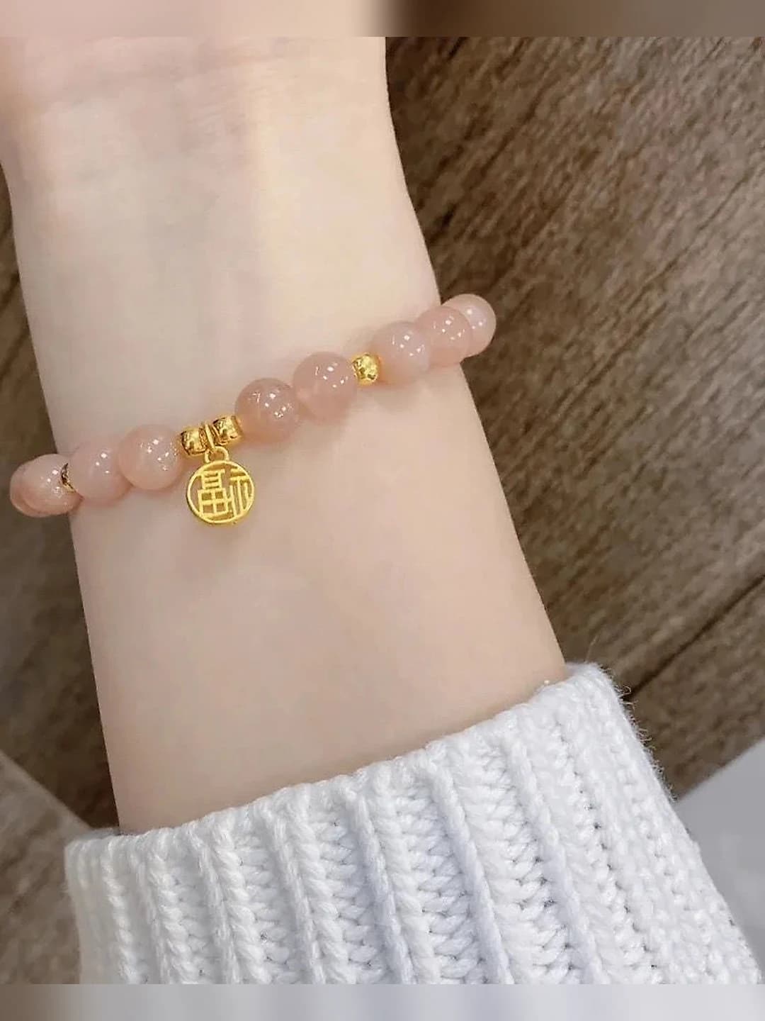 Women's natural sunstone crystal bracelet with original design and 'Fu' character
