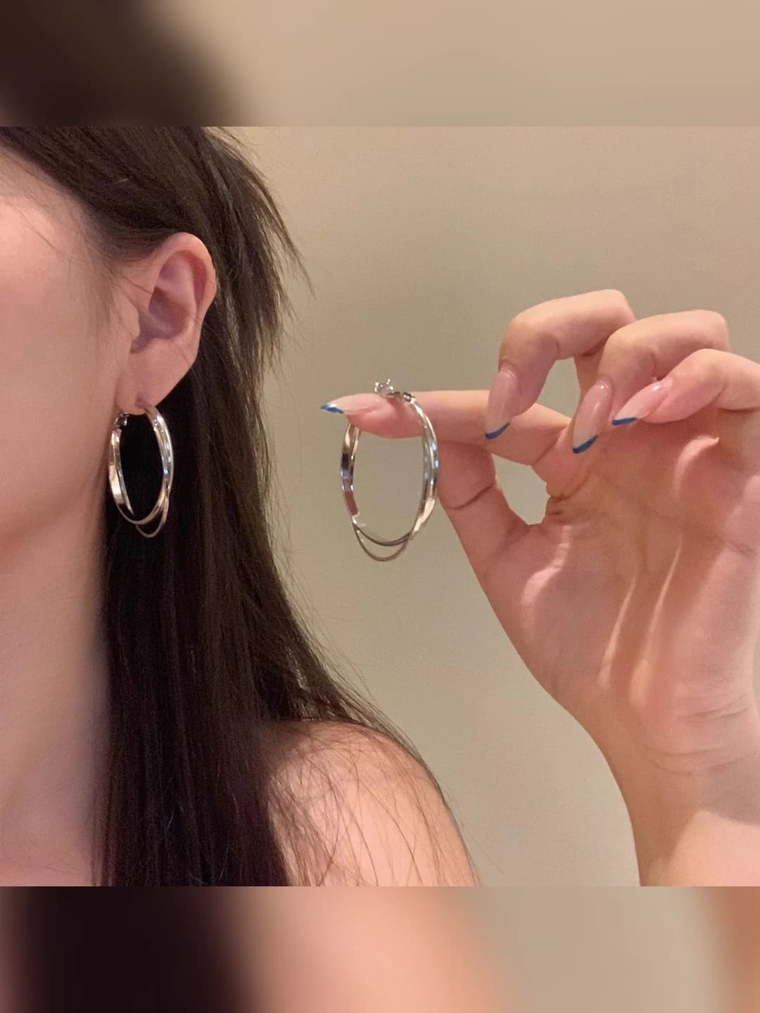 Women's metal double circle hoop earrings, 925 silver post, Korean style, geometric design element