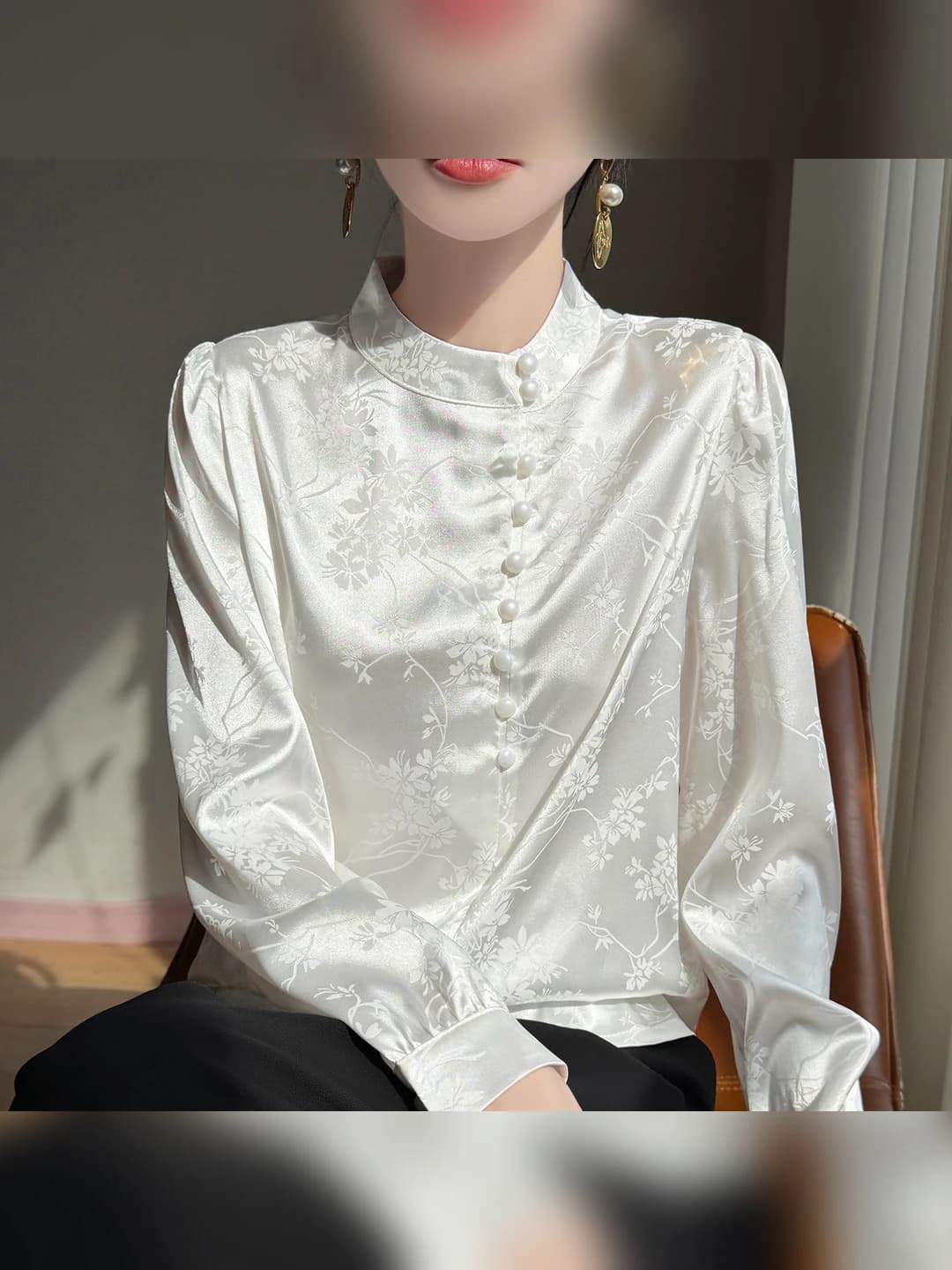 Women's spring-summer satin blouse with stand collar and long sleeves