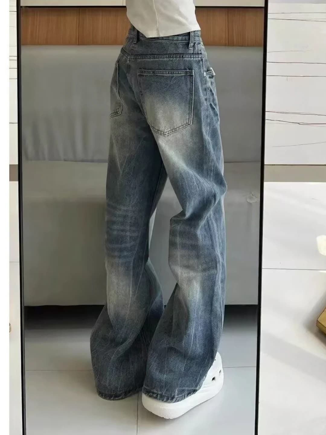 Women's summer casual wide and flared jeans, high waist, straight cut, loose fit, non-iron, stretch
