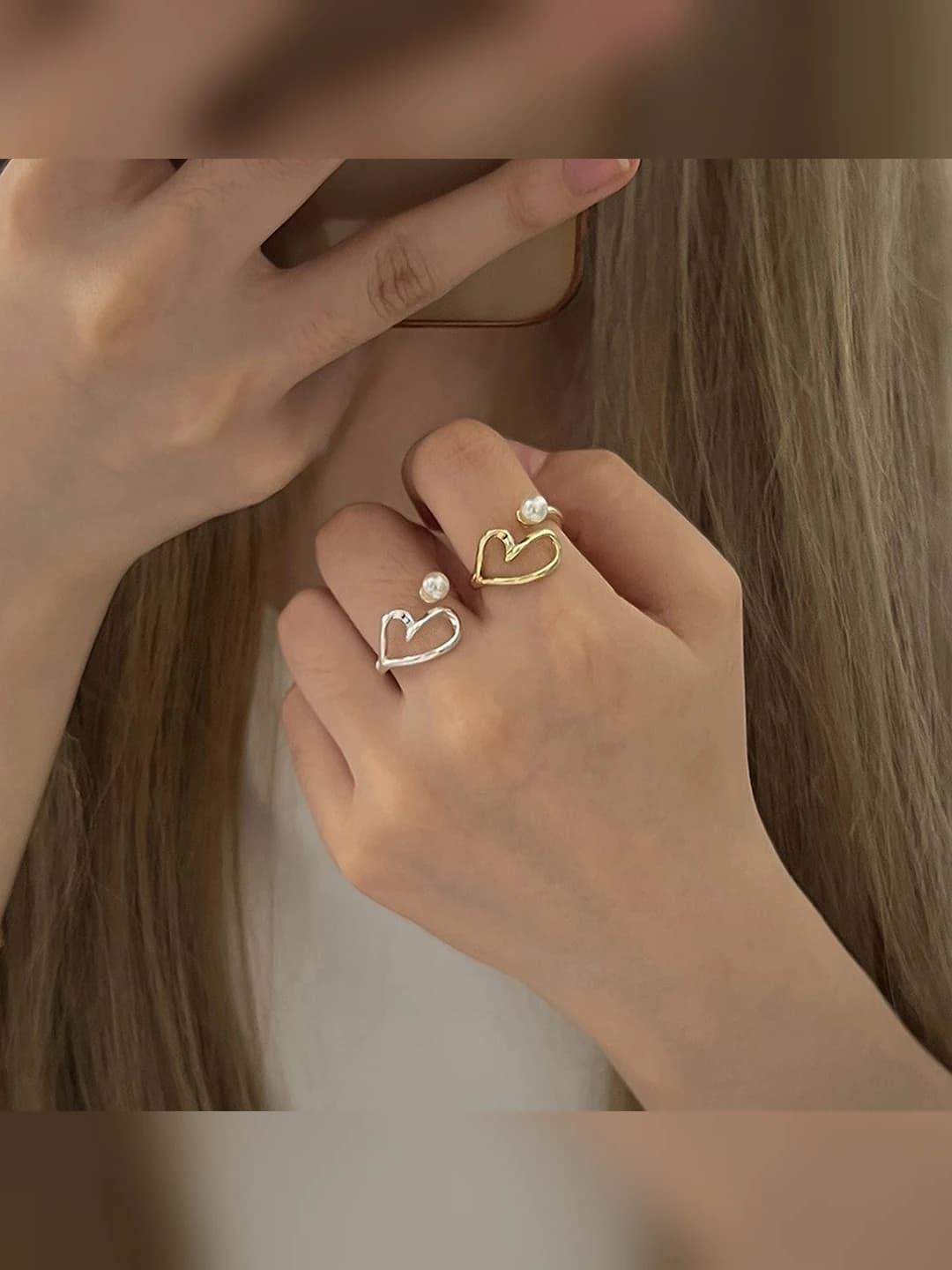 Women's Korean style heart pearl line ring, simple design, versatile