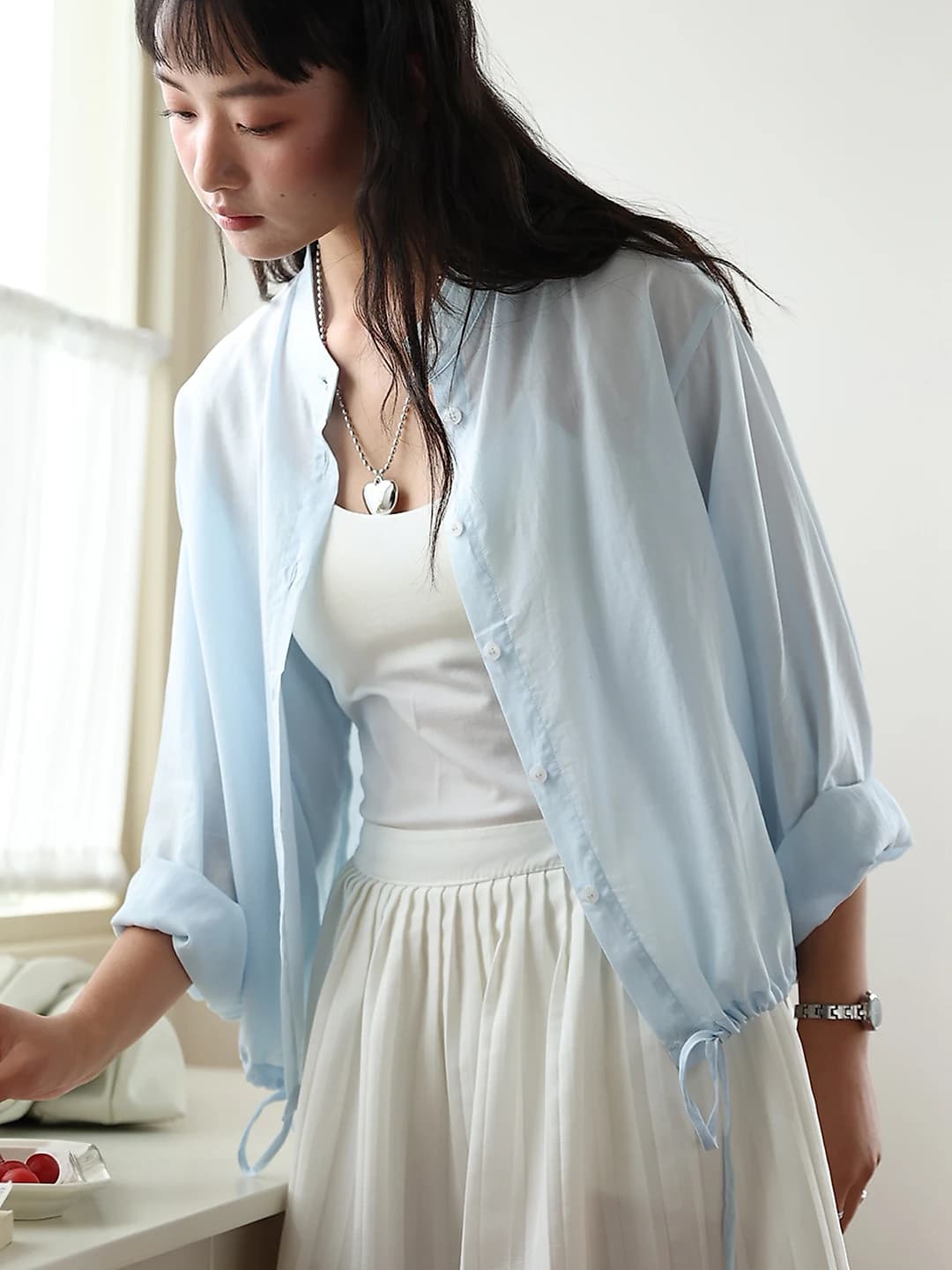 Women's 2026 spring-summer tencel linen stand collar shirt, long sleeve, loose fit, solid colour, button closure
