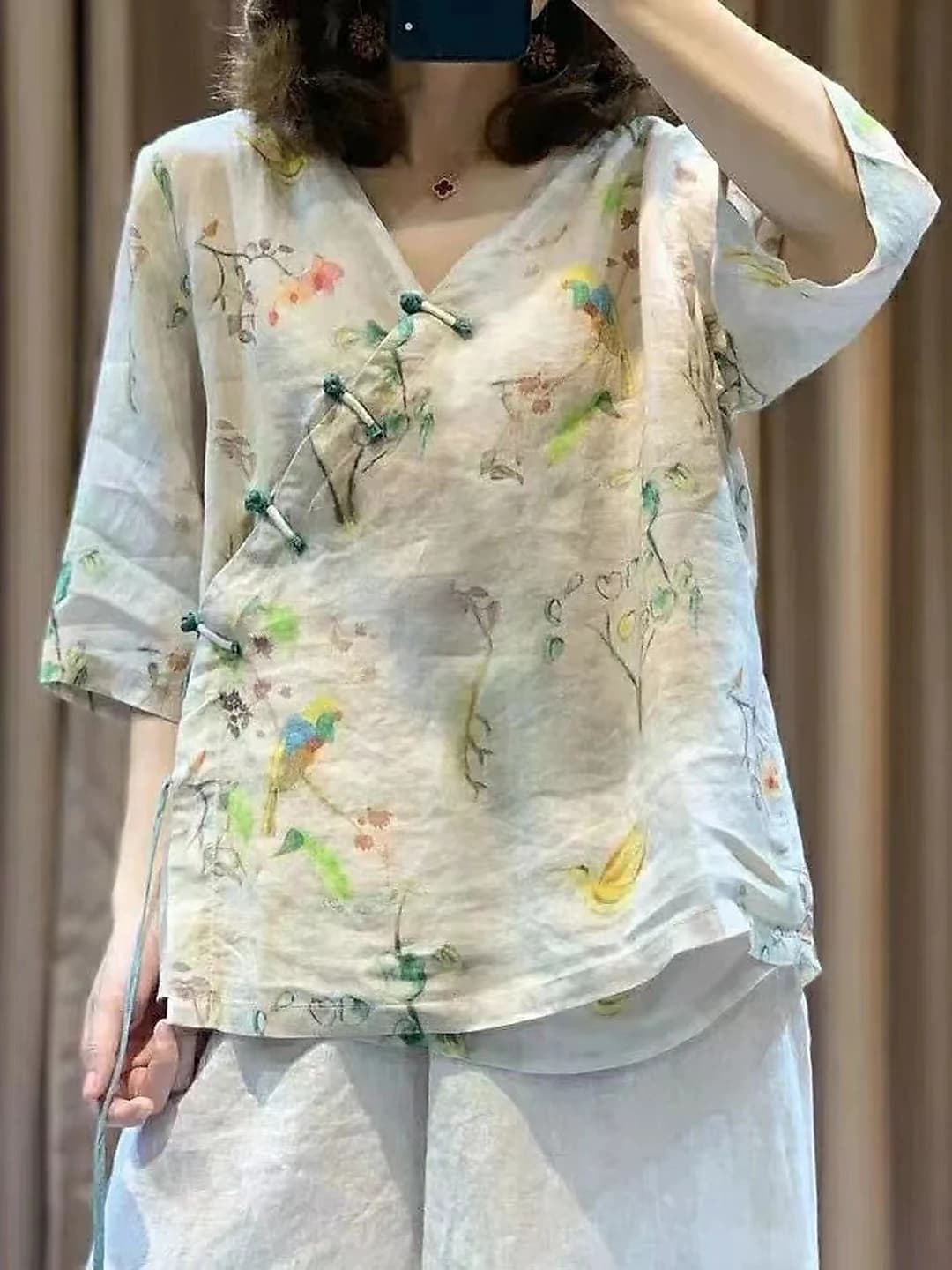 Ayollar uchun milliy bluzka: V-yoqa, kalta yeng, bo'sh (oversize) fit, retro, geometrik naqsh, 30% va undan kam paxta