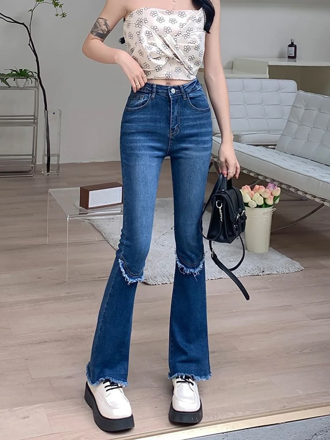 Women's stretch wide and flared jeans, high waist, trousers, retro style, spring-autumn