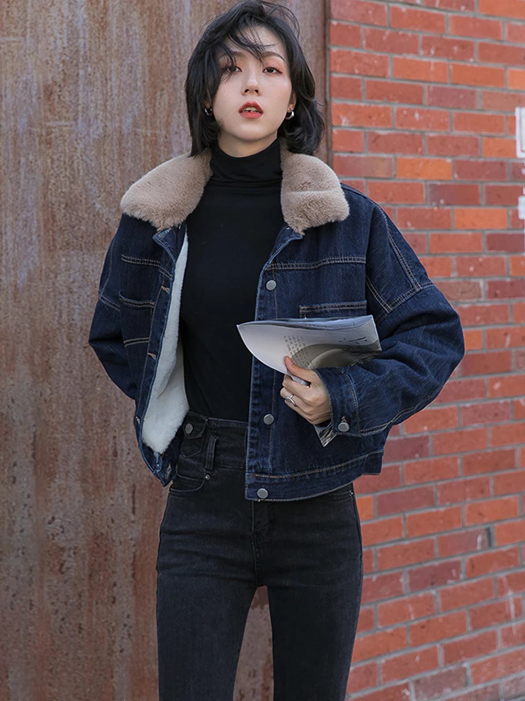 Women's fleece-lined, thickened, loose fit, lapel collar, long sleeve, casual style, Korean style, plus size, 80-90% cotton, demiseason jacket