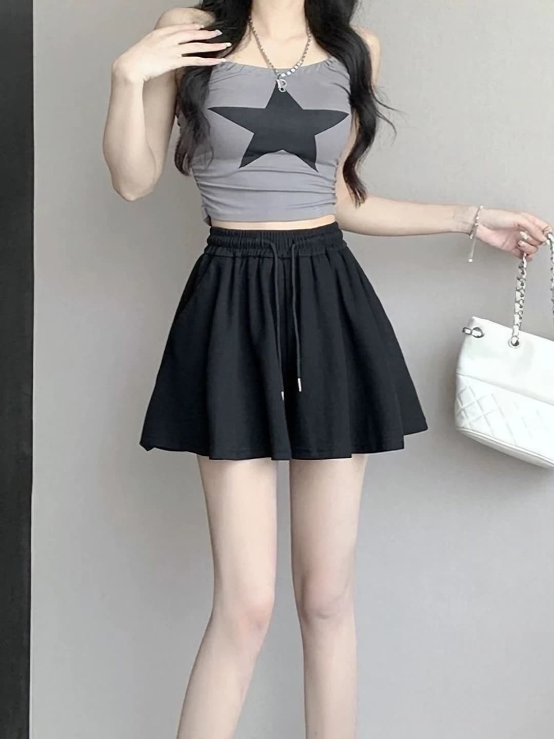Women's Korean style slimming high waist summer pleated skort, loose fit wide-leg trousers, casual