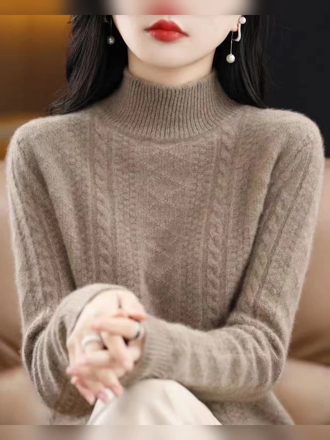 Women's knit top sweater 2026 autumn-winter mock neck, thick, long sleeve, geometric pattern, casual style
