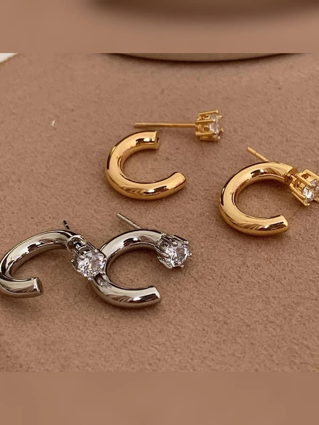 Ayollar uchun C shaklidagi zirkonli quloqchoqlar, 14K palladiy qoplamali, geometrik dizayn elementi, oq rangli, yengil lyuks uslub