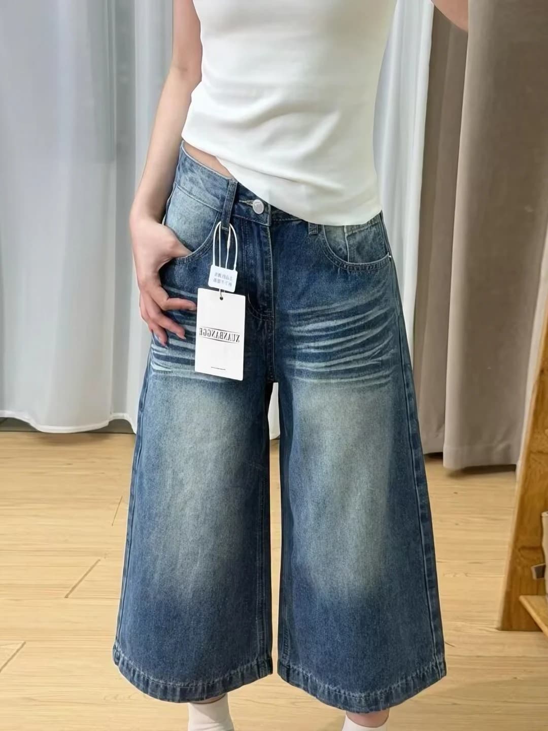 Ayollar uchun 2026 yilgi retro uslubdagi keng va klesh jinsi shimlar, yozgi, bo'sh (oversize) kesim, nozik ko'rsatadigan, baland bel, uch chorak shim