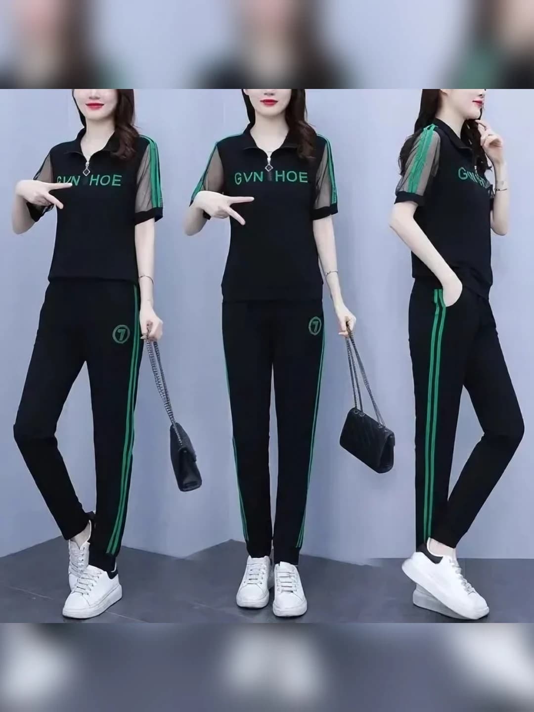 Ayollar uchun yozgi sport kostyumi, koreys uslubida, katta o'lcham, bo'sh (oversize), nozik ko'rsatadigan, bosma naqshli, tik yoqa, kundalik ikki qismlik to'plam