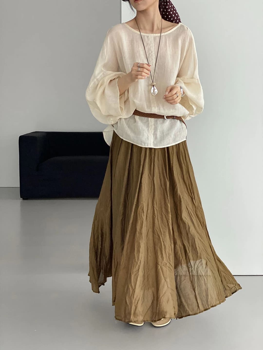 Women's summer pleated A-line skirt, retro style, loose fit, elastic waist, solid colour, Tencel fabric