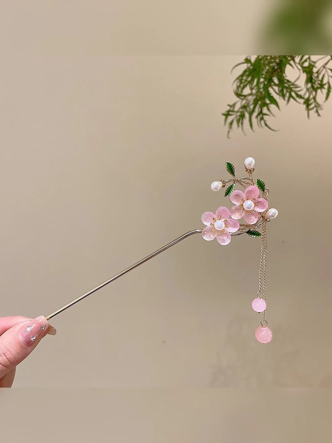 Pink double flower bead tassel hairpin