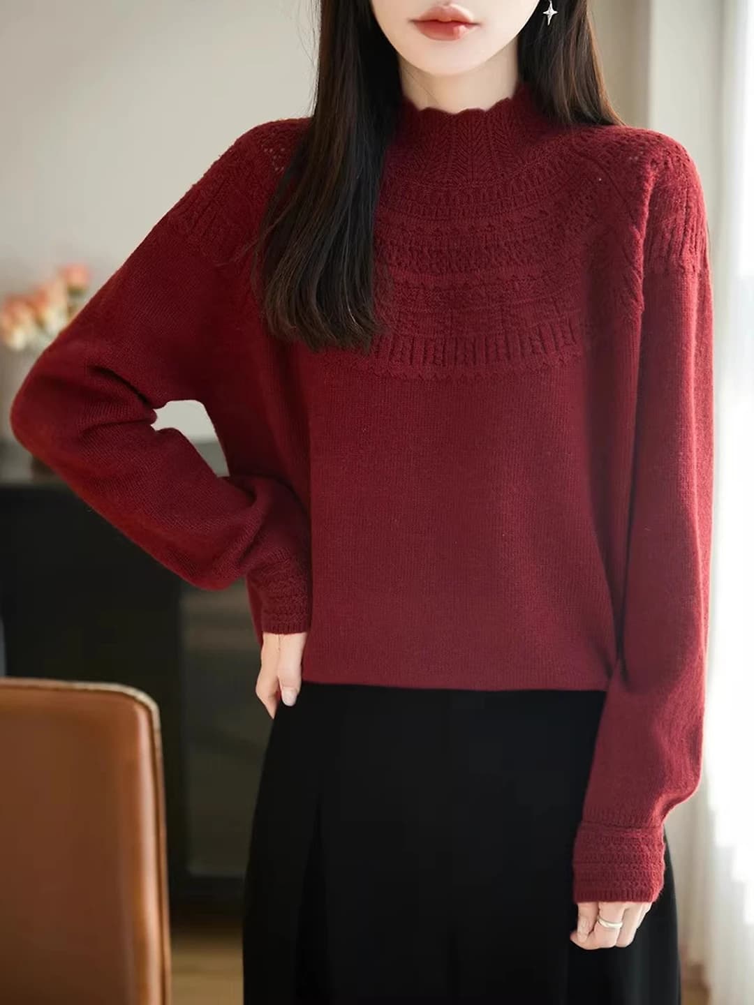 Women's warm mock neck knit sweater, long sleeve, wool fabric