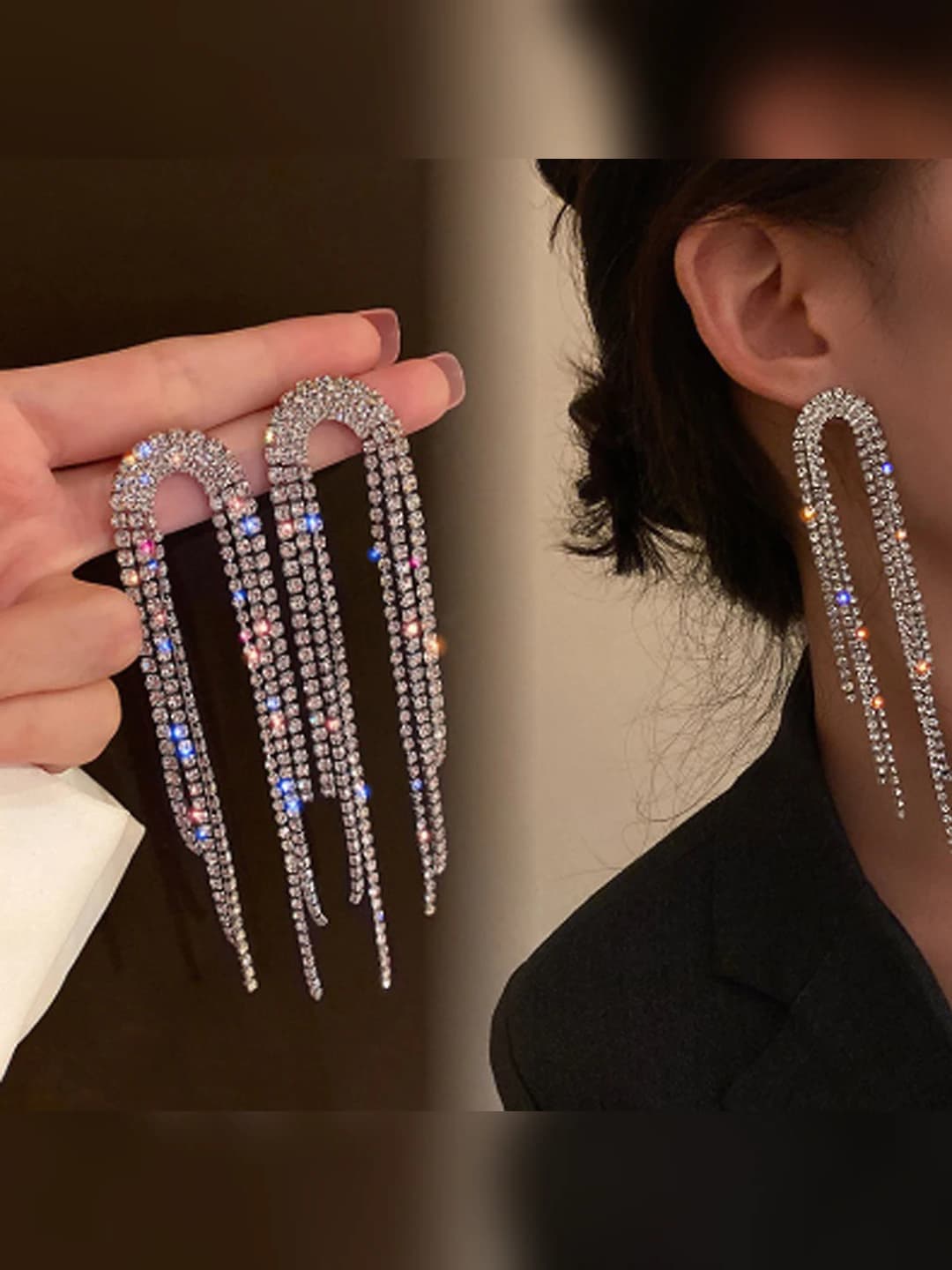 Длинные серьги-каффы с кристаллами для женщин, золотистые, элемент дизайна: бахрома, стиль: лёгкий люкс