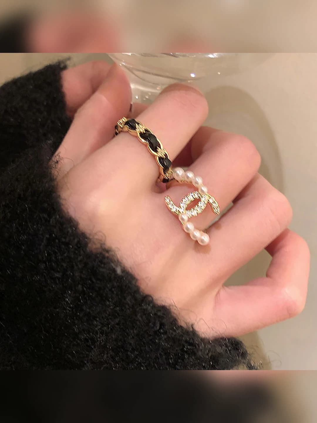 Women's open ring with pearl and zircon, geometric design element, modern OL style