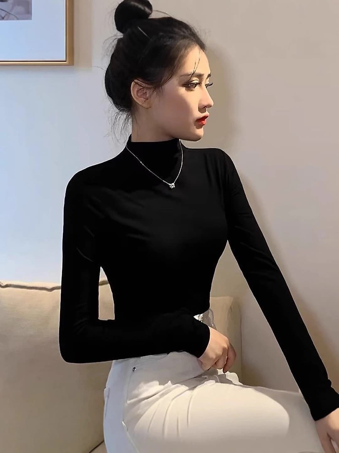 Women's black mock neck long-sleeve base top, slim fit, thickened, warm, 2026