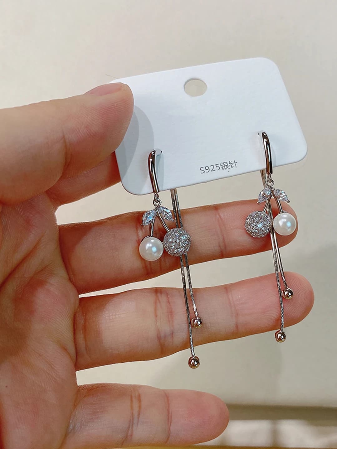 Women's S925 silver post pearl and cherry tassel earrings, elegant style
