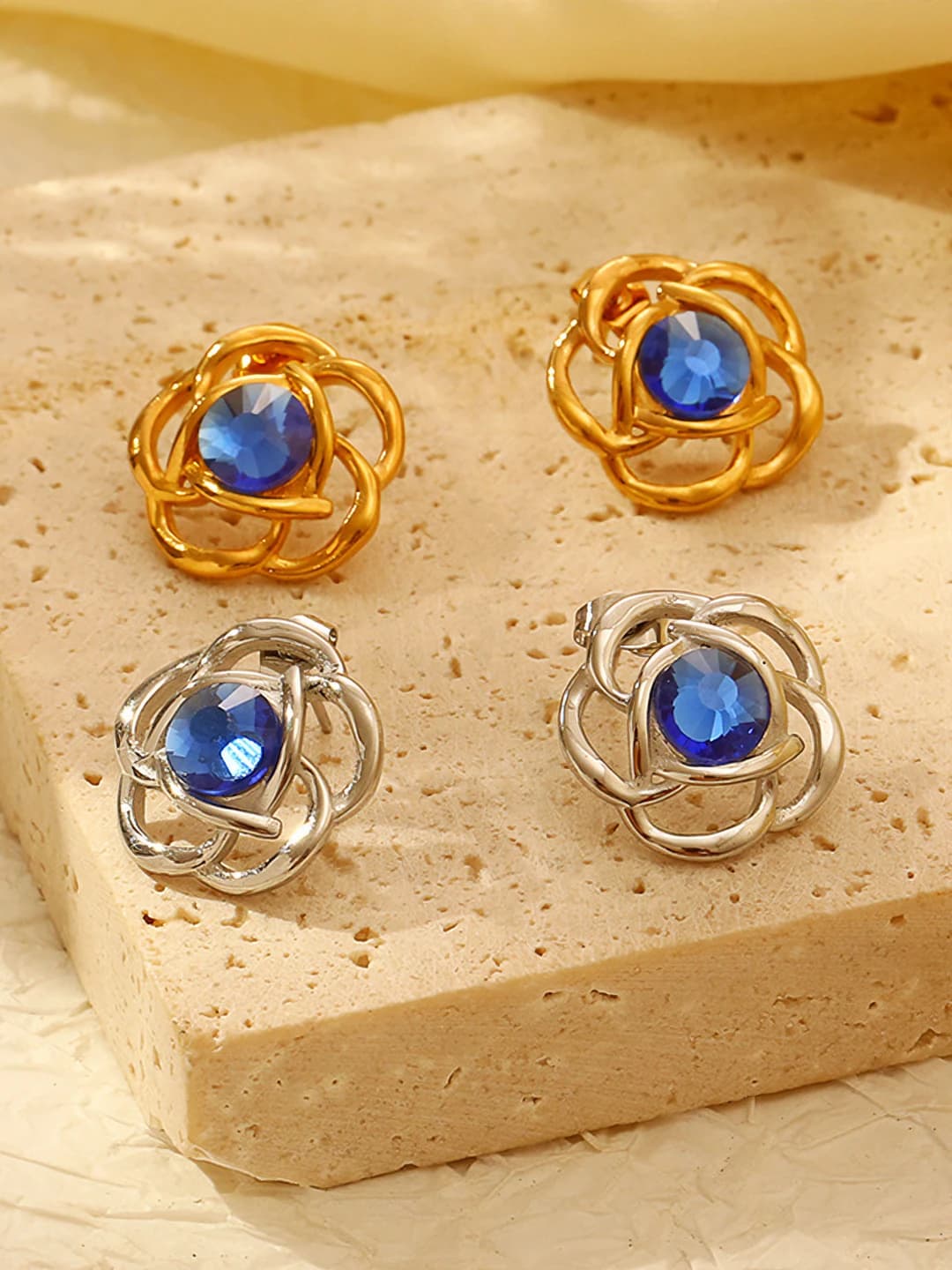 Women's 18K gold-plated stainless steel earrings with rhinestones and camellia flower design, luxury style