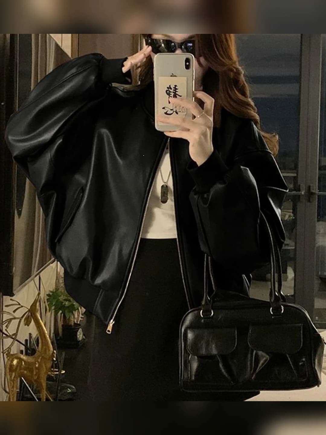 Women's plus size retro spring long sleeve black leather moto jacket, slimming casual outerwear