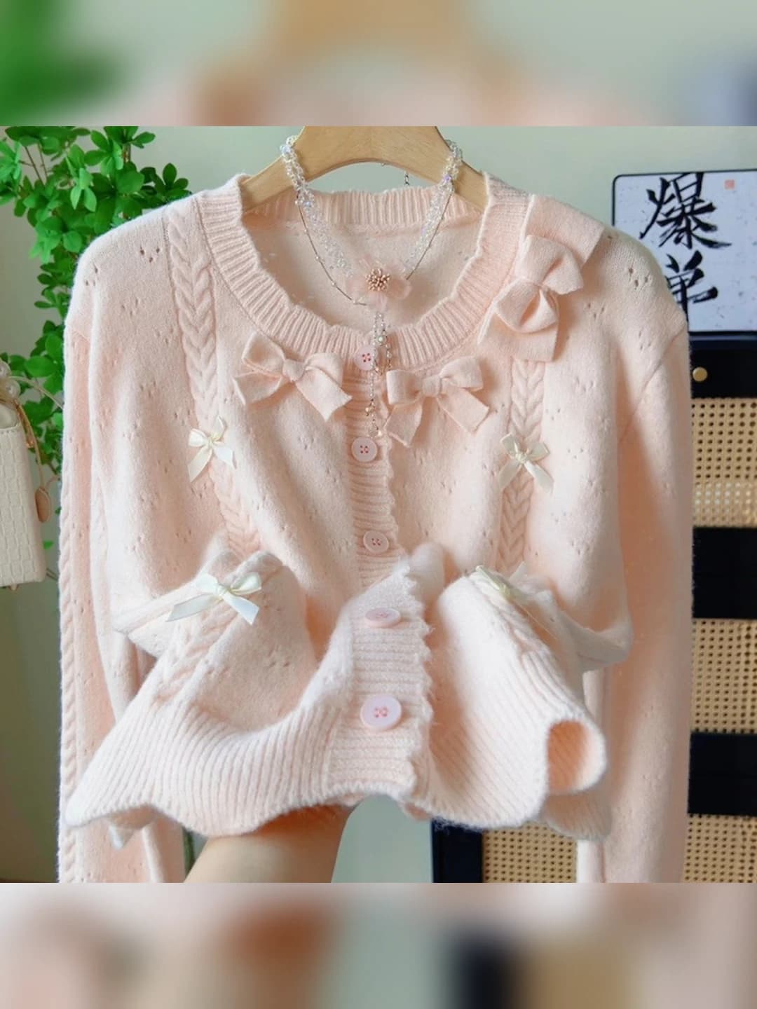 Women's spring knit cardigan, preppy style, crew neck, long sleeve, bow pattern