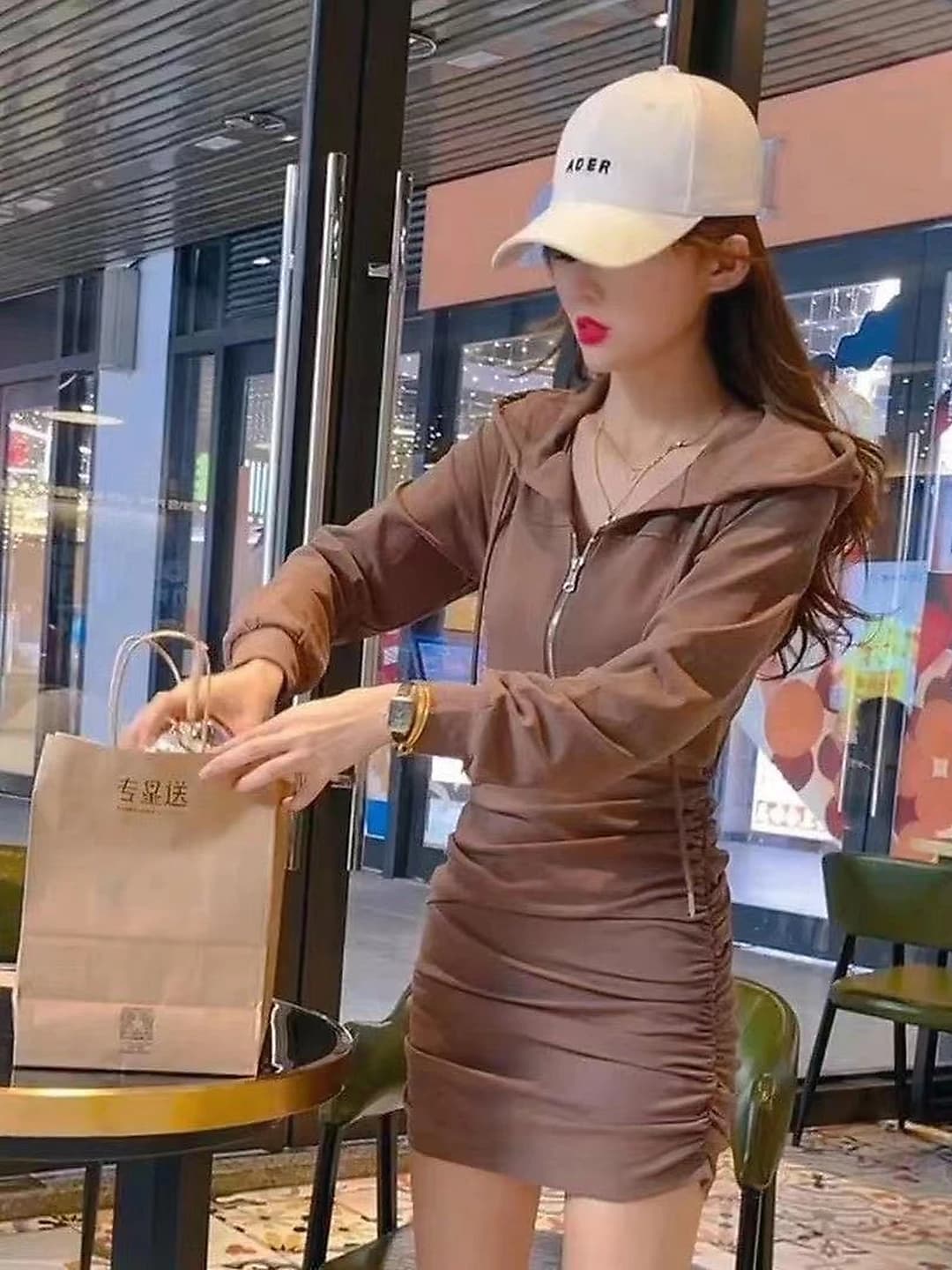 Women's 2026 spring-autumn hoodie dress, solid colour, slim fit, long sleeve, mini skirt
