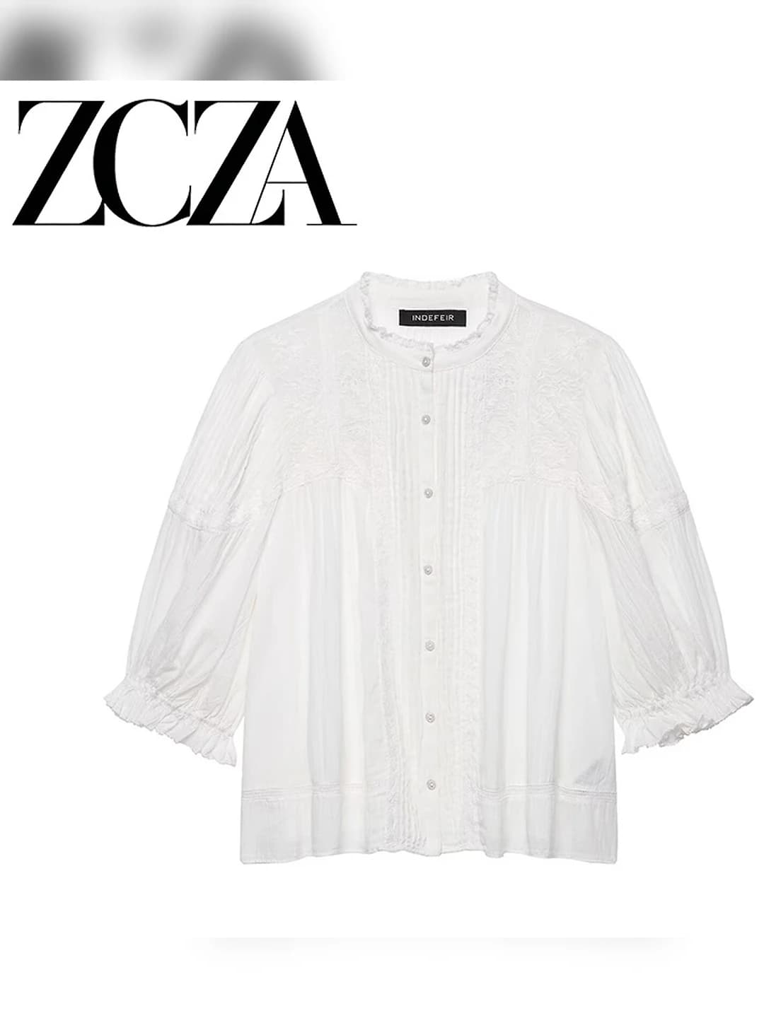 Women's blouse: stand collar, three-quarter sleeve, solid colour, cotton, regular length, button closure