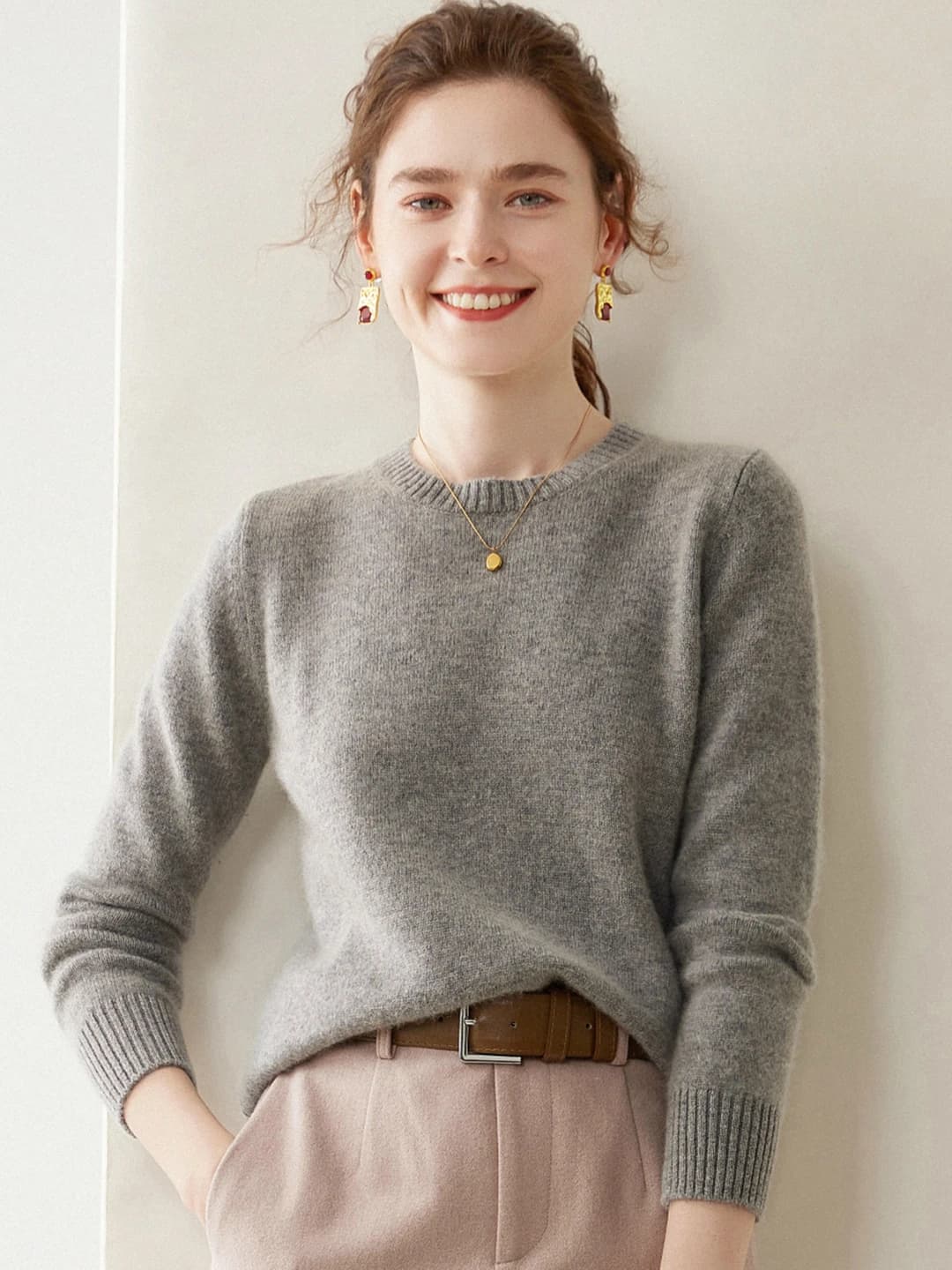 Women's 100% cashmere sweater, crew neck, long sleeve, thick, solid colour, autumn-winter