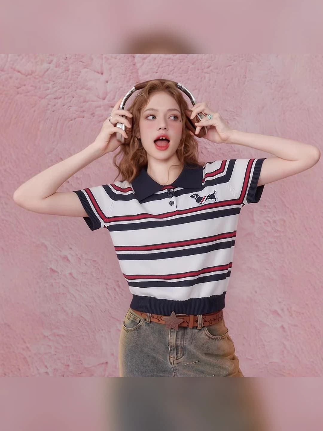 Women's striped polo-neck short-sleeve knit top, summer, slim fit, slimming, non-iron, cropped