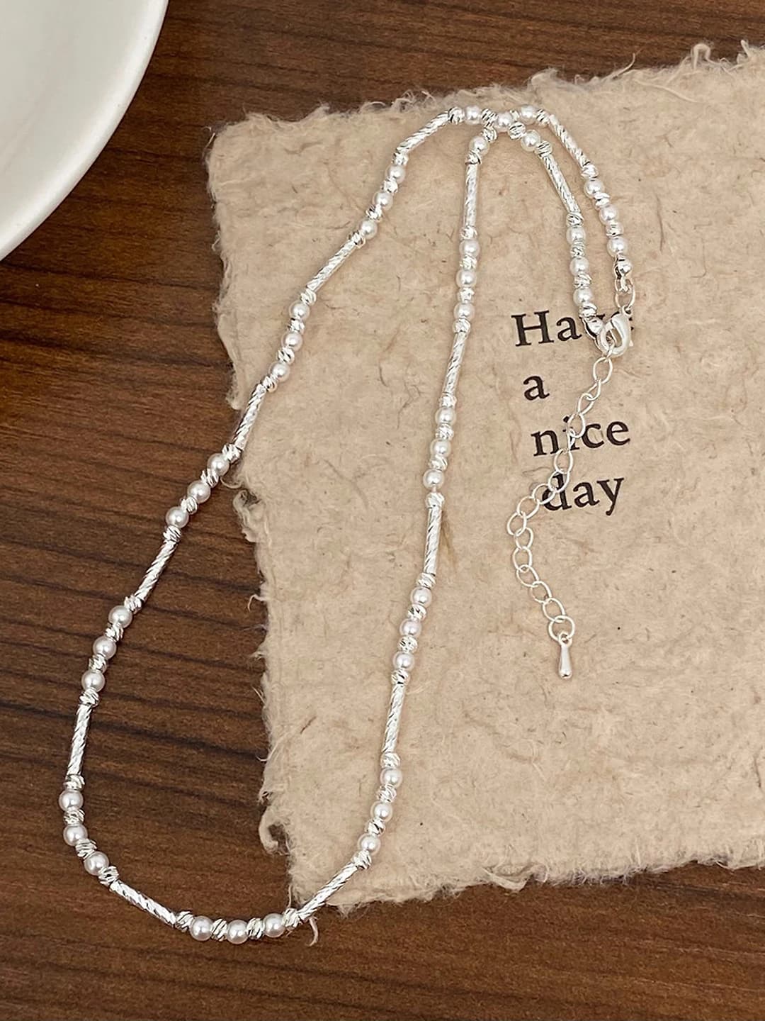 Silver bright pearl bamboo necklace B-355