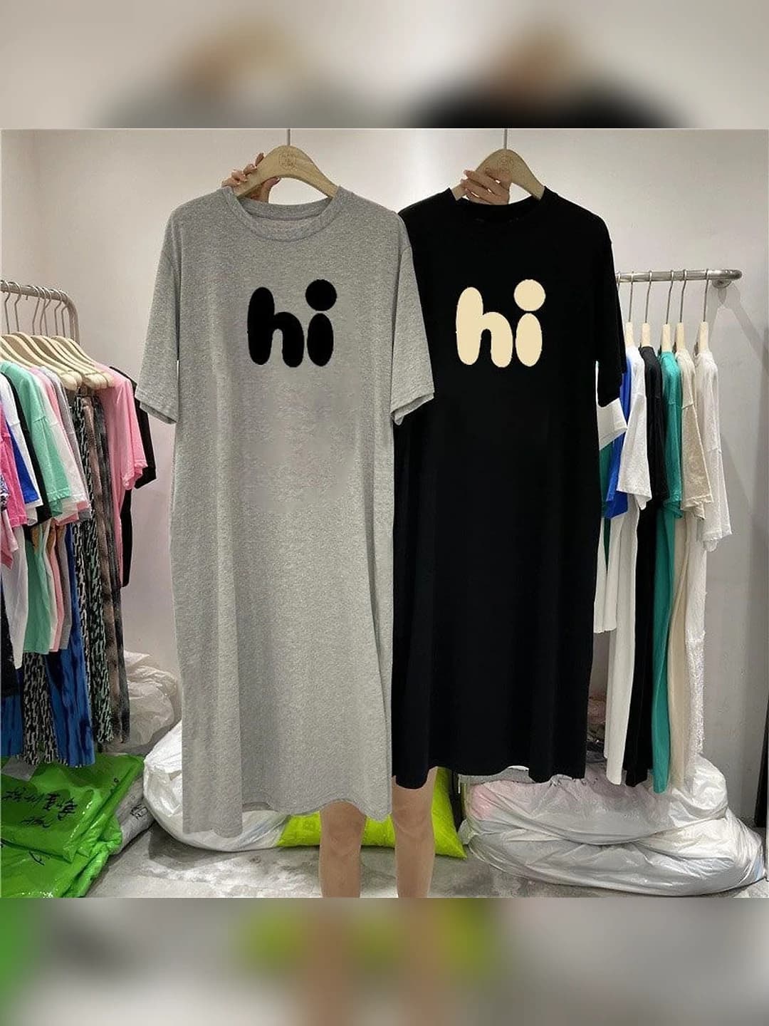Women's summer t-shirt dress with crew neck, short sleeve, loose fit, long, printed, plus size