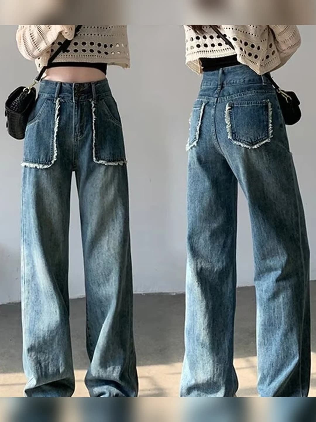 Ayollar uchun keng va klesh jinsi shim, baland bel, to'g'ri kesim, uzun shim, kuz-qish mavsumi, bo'sh (oversize) fit, nozik ko'rsatadigan, past bo'ylilar uchun, kundalik, dazmol talab qilmaydi