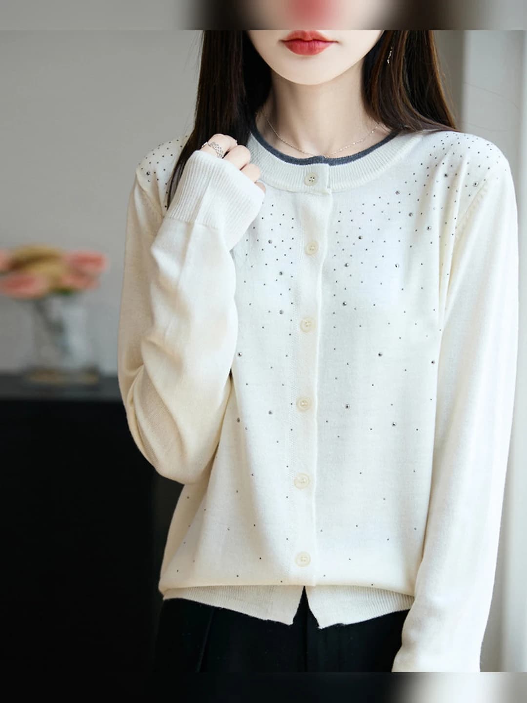 Women's crew neck, long sleeve, solid colour, wool, medium thickness, loose fit cardigan with single button closure, rhinestone design element, resin color fixing craft