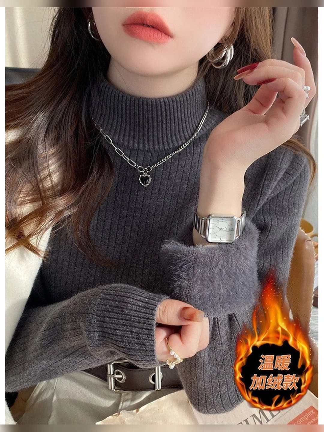 Women's grey mock neck thickened slim fit sweater, autumn-winter 2026, long sleeve, knit