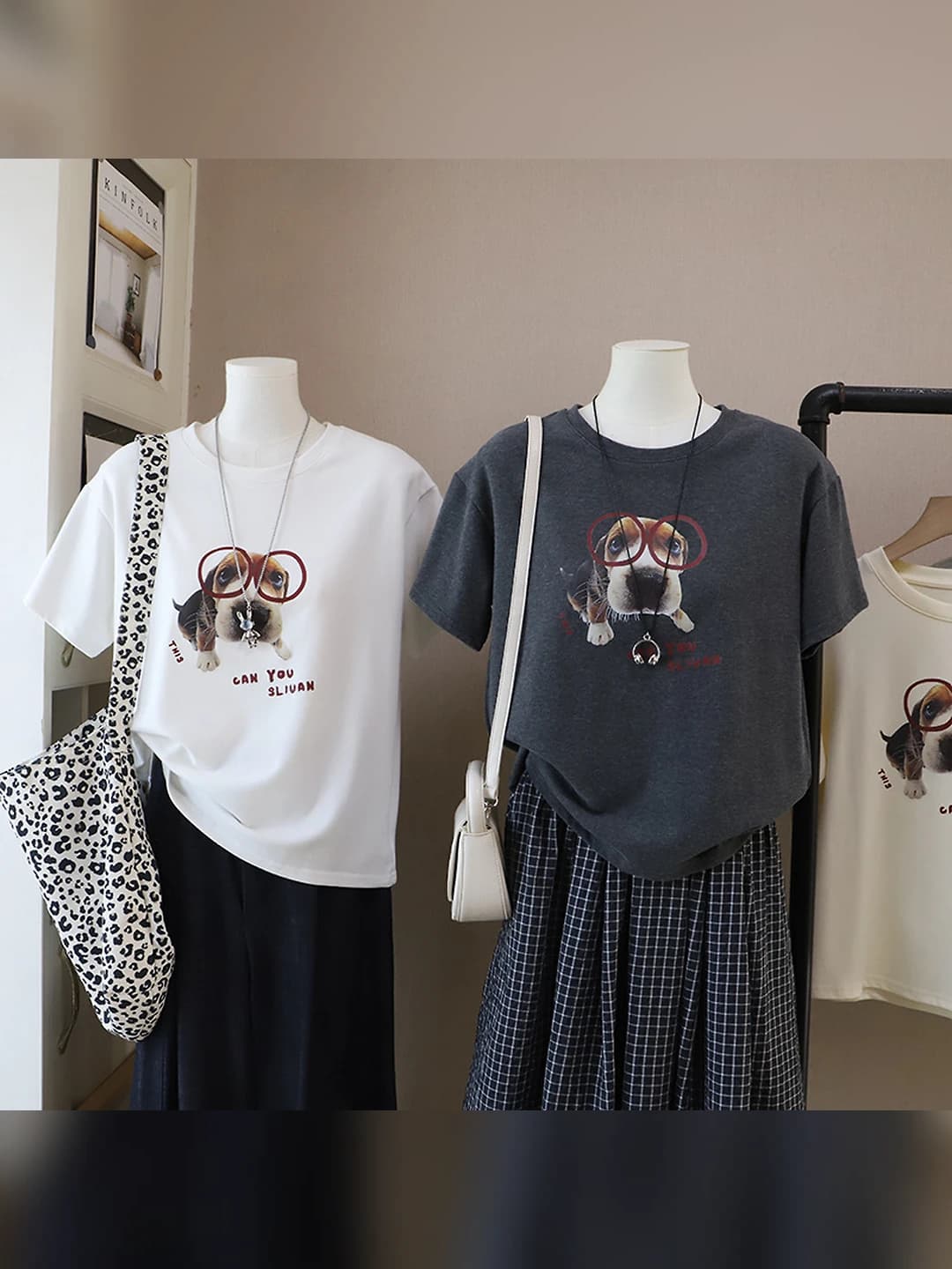 Women's 2026 early spring Korean style dog print slimming casual short sleeve t-shirt