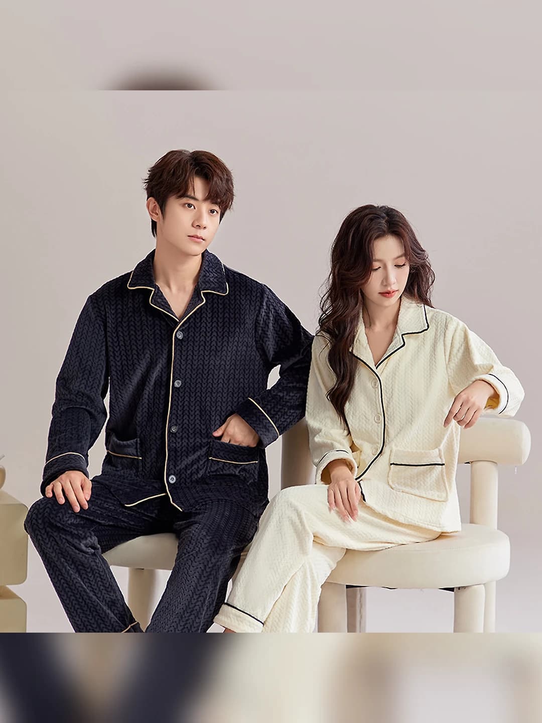 Women's autumn-winter fleece-lined thickened coral fleece loungewear set: long sleeve cardigan and trousers, lapel collar, breathable, casual