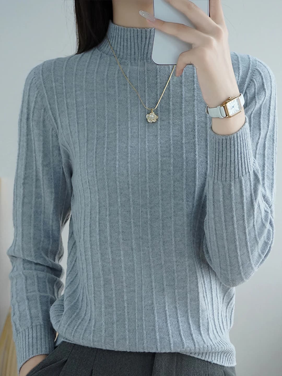 Women's winter mock neck long sleeve thick slim fit slimming solid colour loose fit ribbed sweater