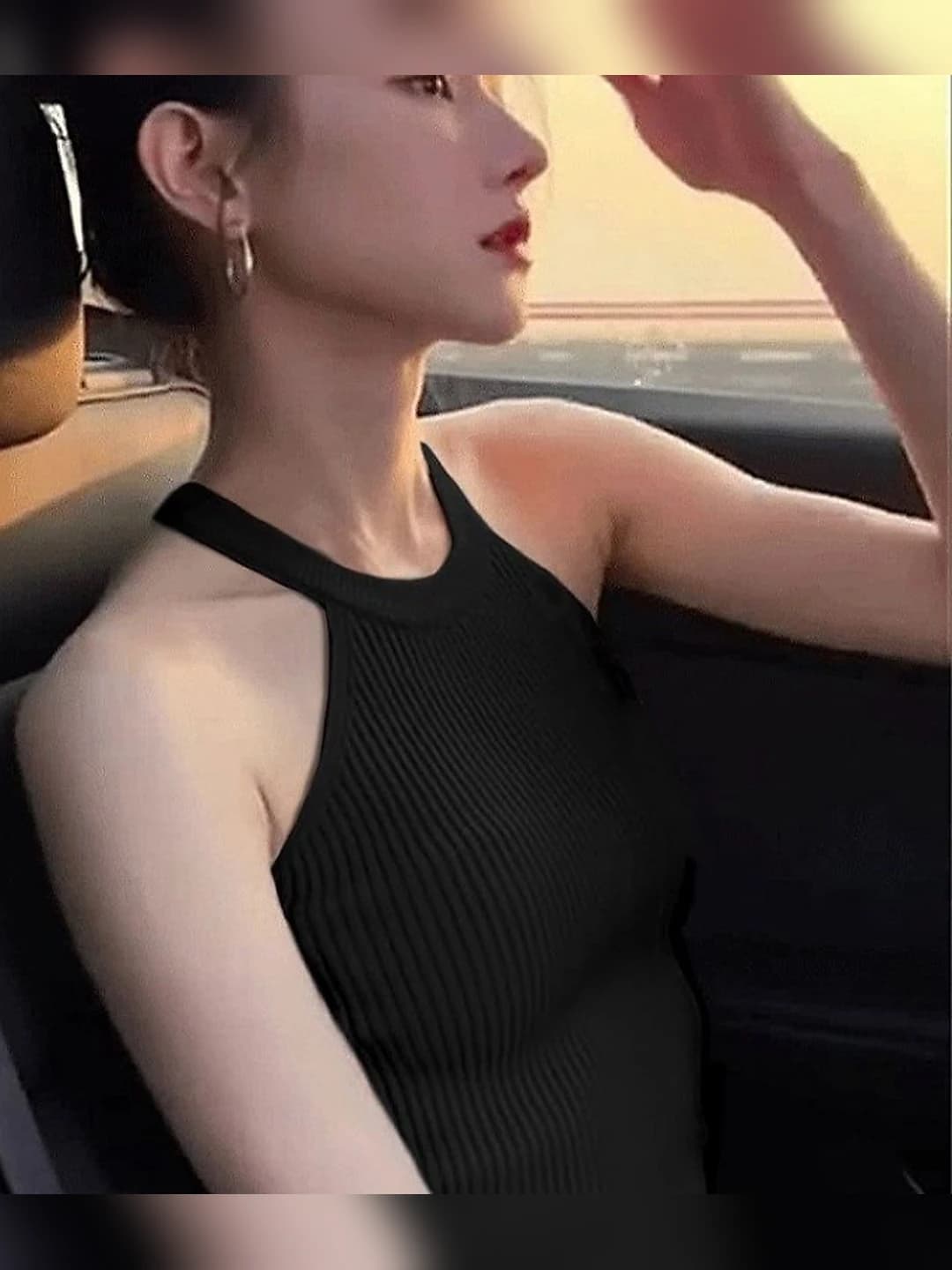 Women's sleeveless ribbed knit tank top, black, slim fit, for summer
