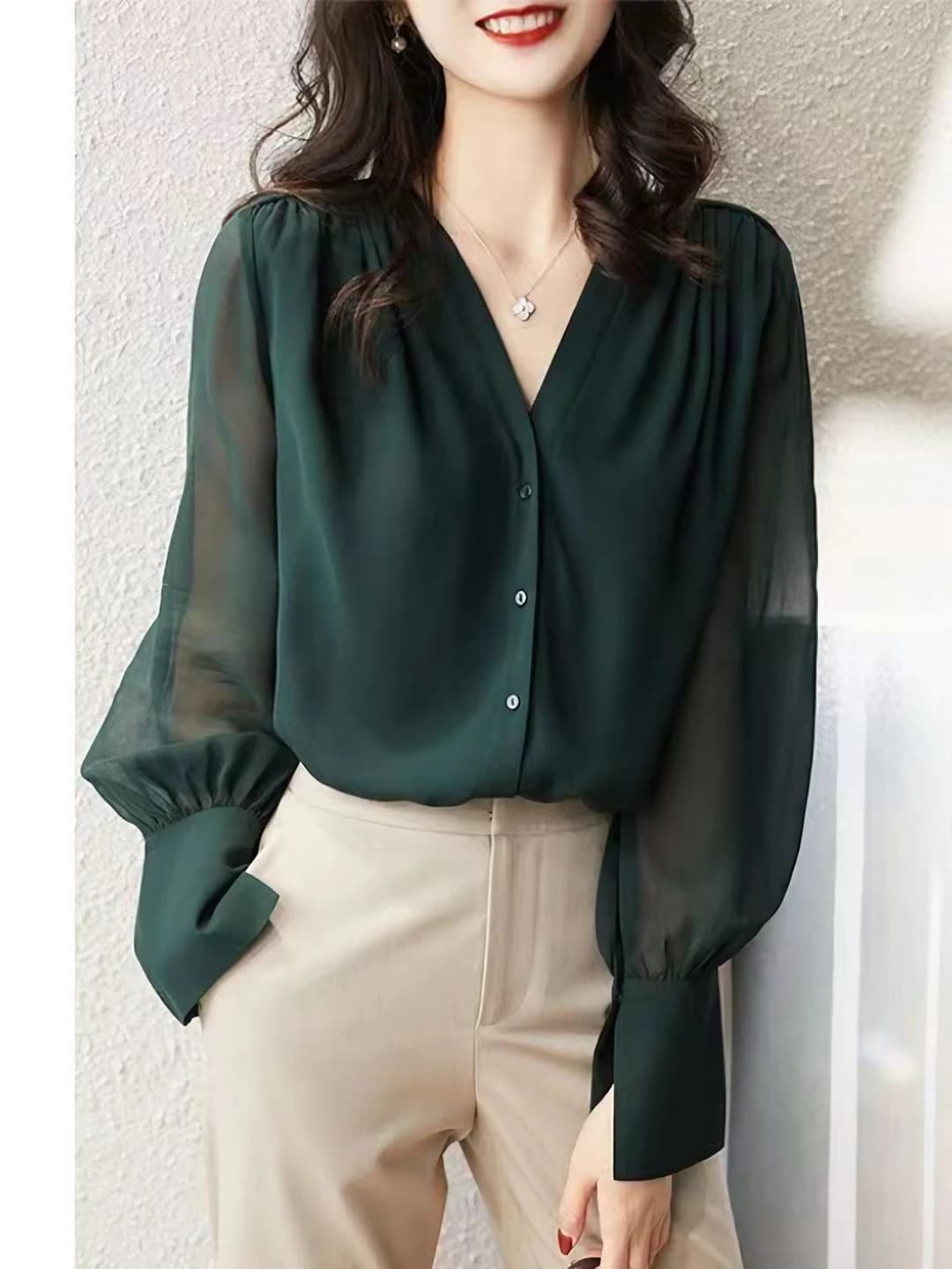 Women's Korean style chiffon blouse with V-neck, long sleeve, loose fit, solid colour, spring-autumn