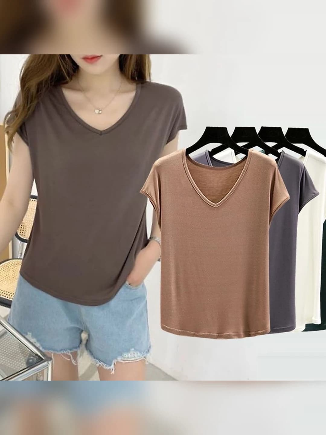 Women's summer thin modal t-shirt, V-neck, short sleeve, slim fit, solid colour, plus size, sleeveless tank top