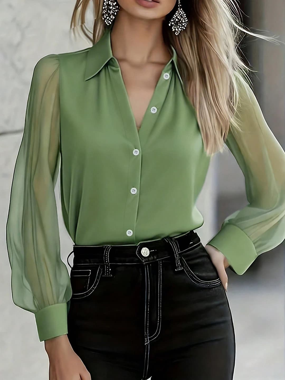 Women's 2026 spring-summer blouse: long sleeve, V-neck, slim fit, solid colour, stretch polyester fabric