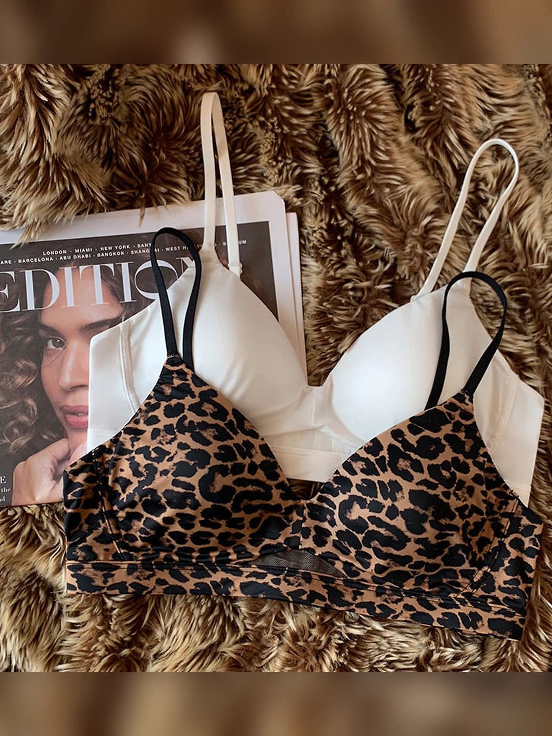 Ayollar uchun leopard printli, havo o'tkazuvchan, izsiz, nozik, yig'uvchi, prujinasiz, ko'krak tushishini oldini oluvchi, yon ko'krakni yig'uvchi byustgalter