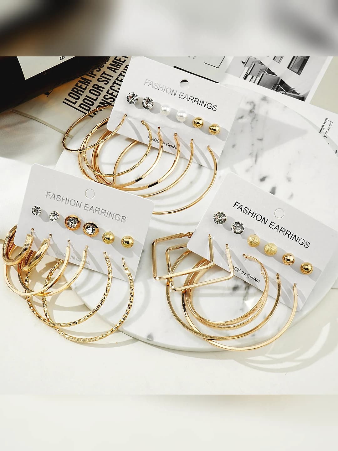 Retro metal hoop earring set (6 pcs) with diamonds and pearls, women's