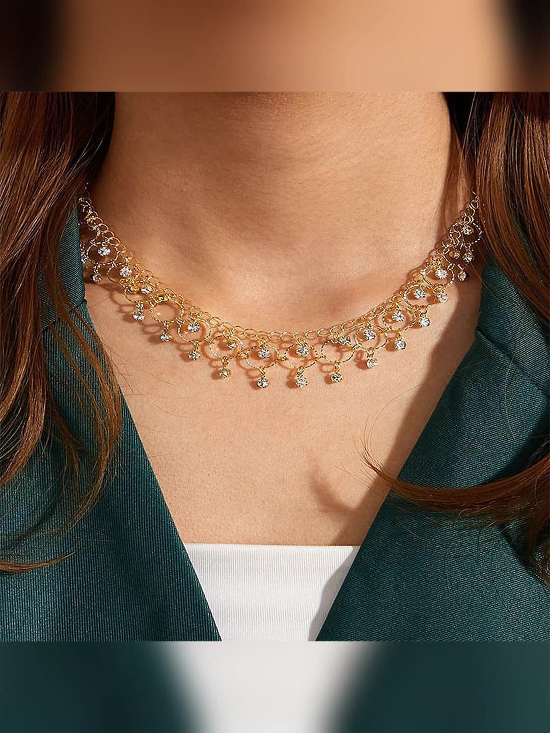 Women's collar necklace with zirconia teardrop shape, geometric design with fringe, multi-layer chain in ins style