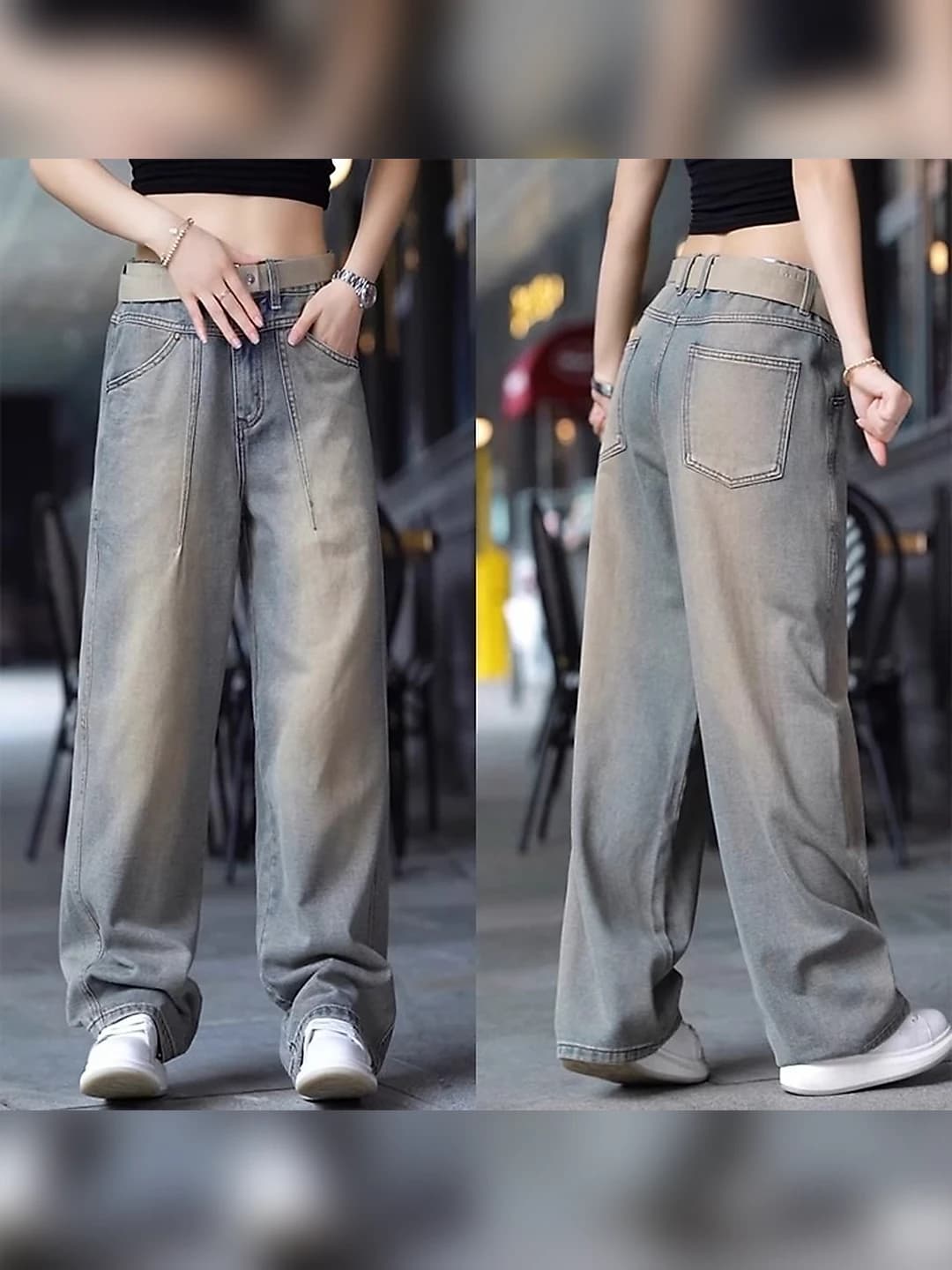 Ayollar uchun yozgi yupqa, baland bel, to'g'ri kesim, bo'sh (oversize) keng va klesh jinsi shimlar, retro uslubda
