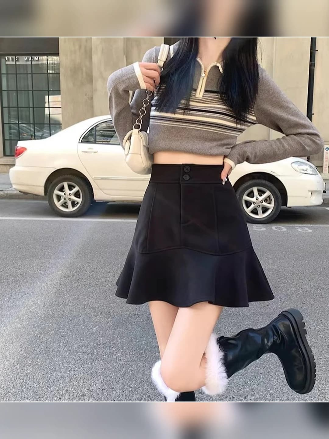 Women's autumn A-line mini skirt, high waist, slimming, solid colour, stretch, casual style