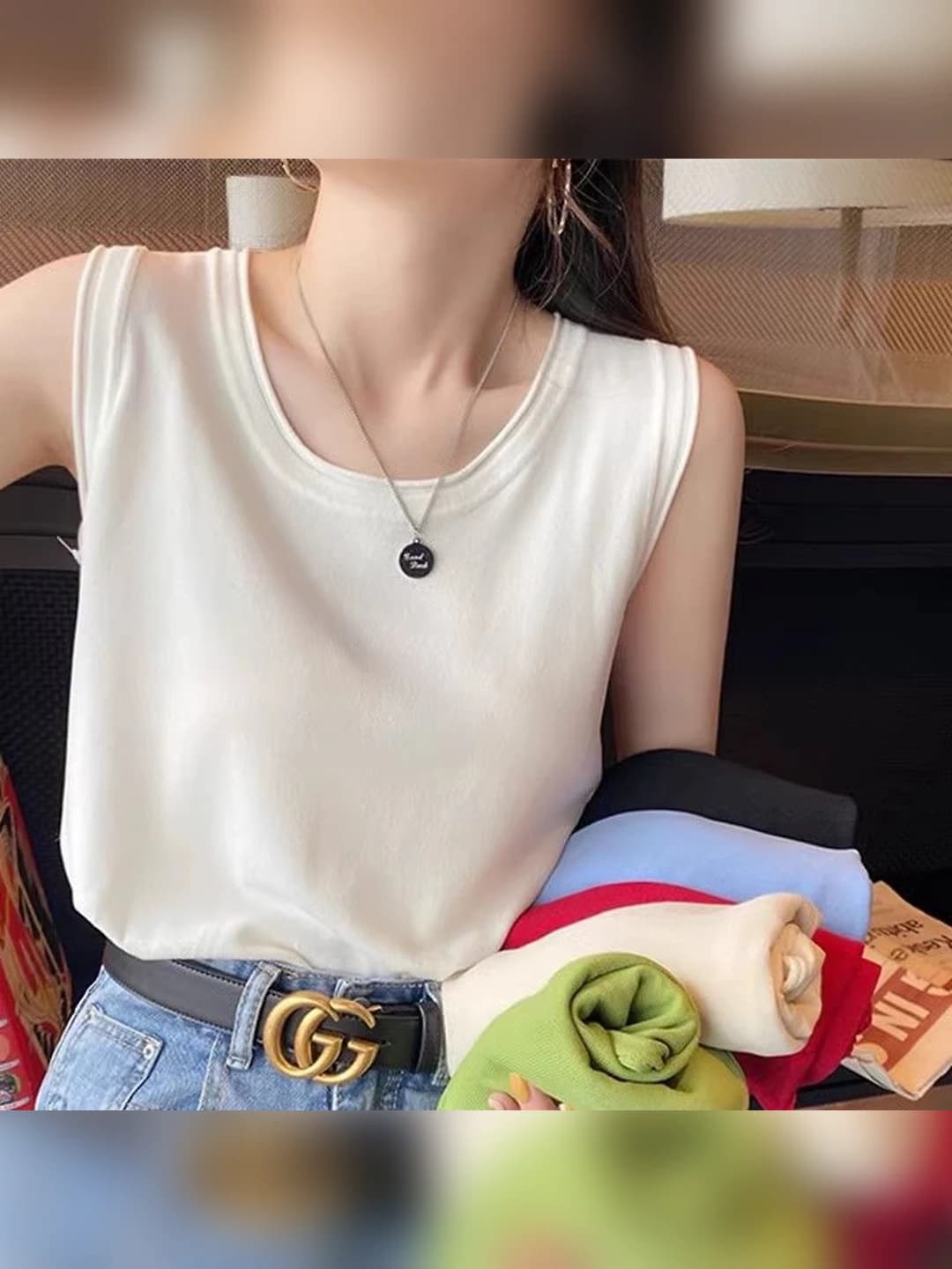 Women's summer plus size ice-silk fabric tank top, loose fit, sleeveless, solid colour, slim fit, cropped
