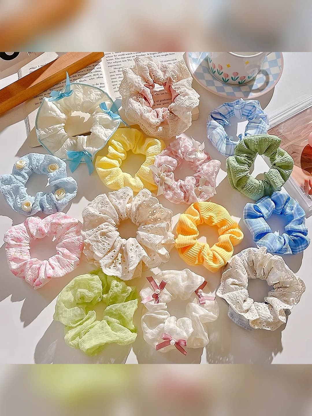 Women's Korean style spring-summer stretch hair scrunchie with flower and bow design