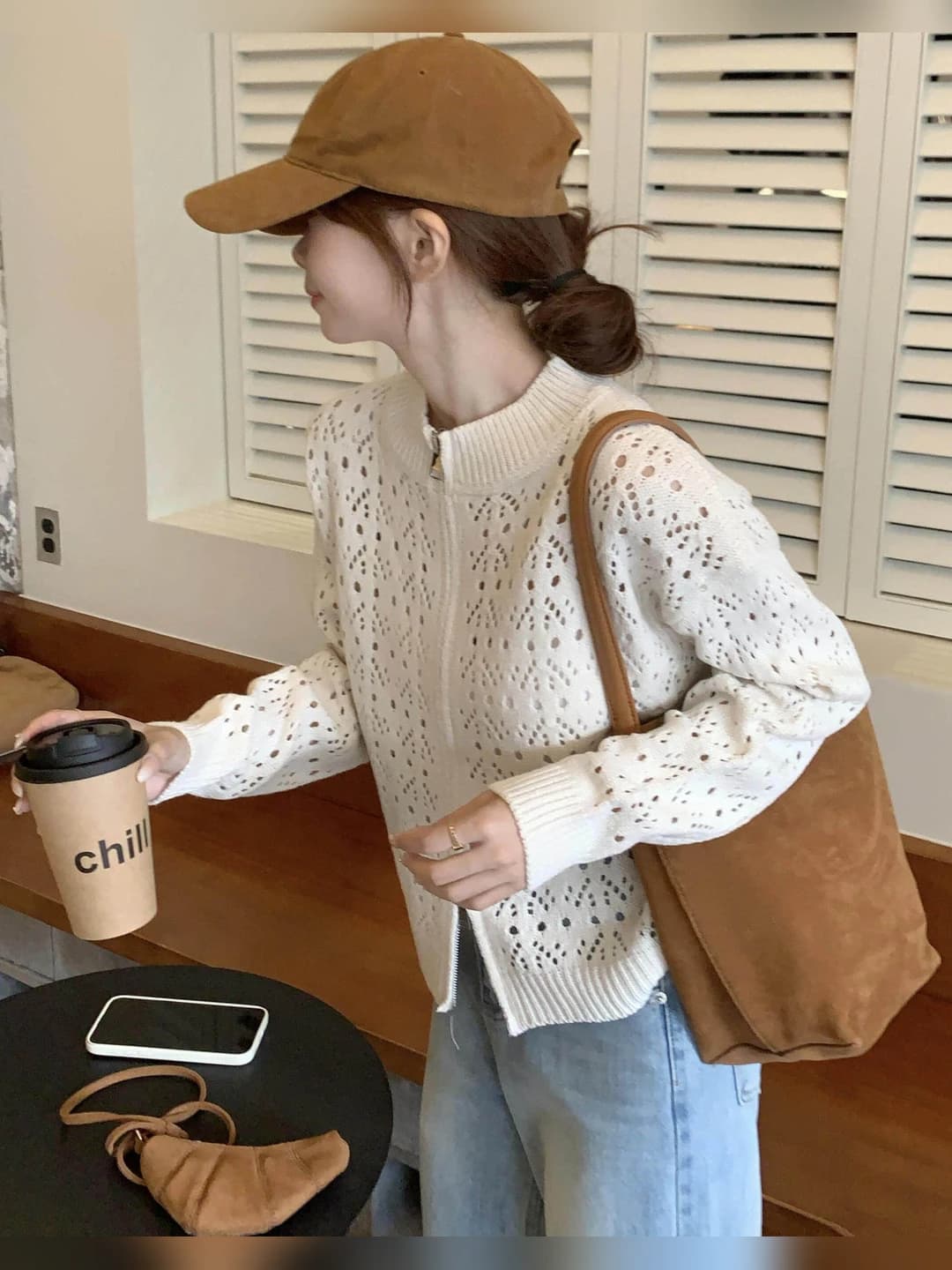 Women's spring-summer V-neck, long sleeve, loose fit, zip and stand collar, 3D pattern, solid colour, thin sweater cardigan