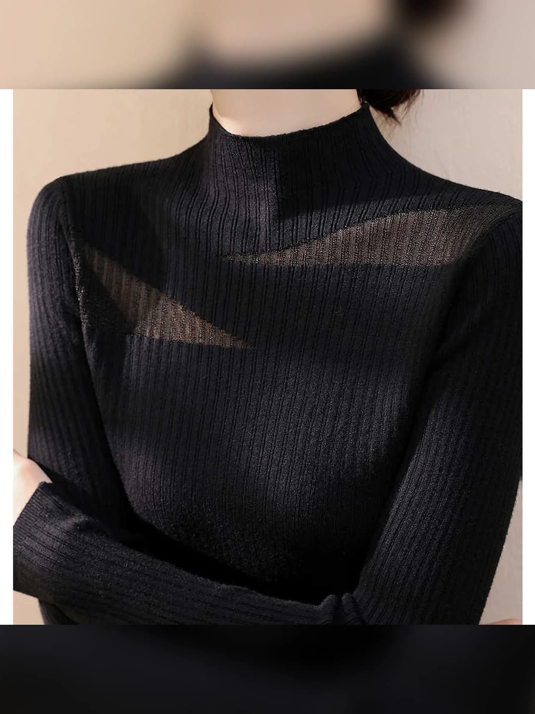 Women's black long sleeve mock neck wool knit top, slim fit, solid colour, white