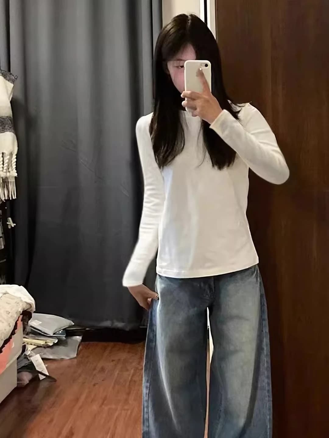 Women's pure cotton long-sleeve base top, spring-autumn, crew neck, slim fit, solid colour